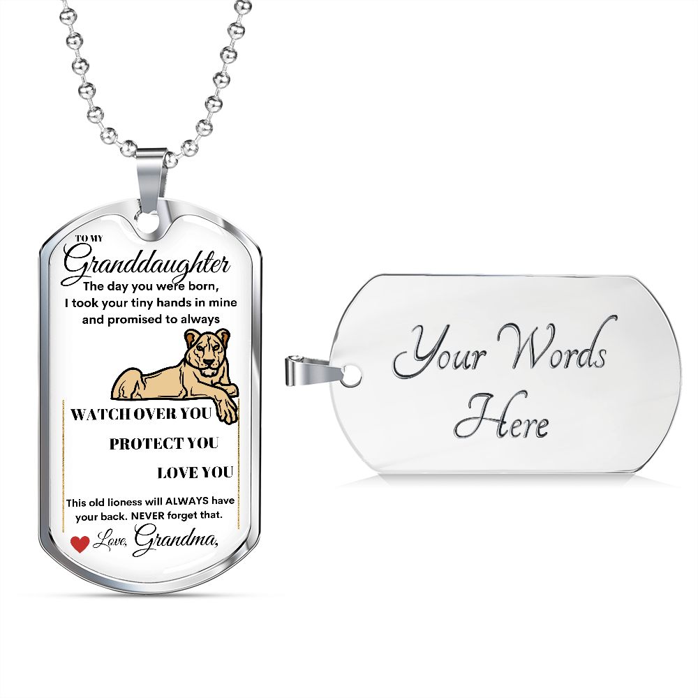 Dog Tag Necklace, GIFT TO GRANDDAUGHTER from Grandma - Lioness White