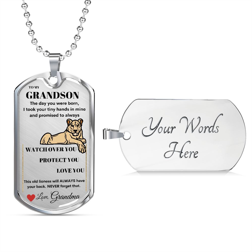 Dog Tag Necklace, GIFT TO GRANDSON from Grandma - Lioness Silver or Gold