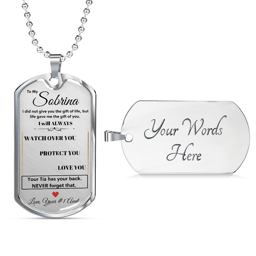 Dog Tag Necklace, GIFT TO SOBRINA from Tio - Silver or Gold