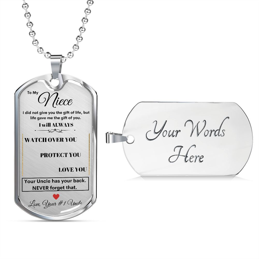 Dog Tag Necklace, GIFT TO NIECE from Uncle - Silver or Gold