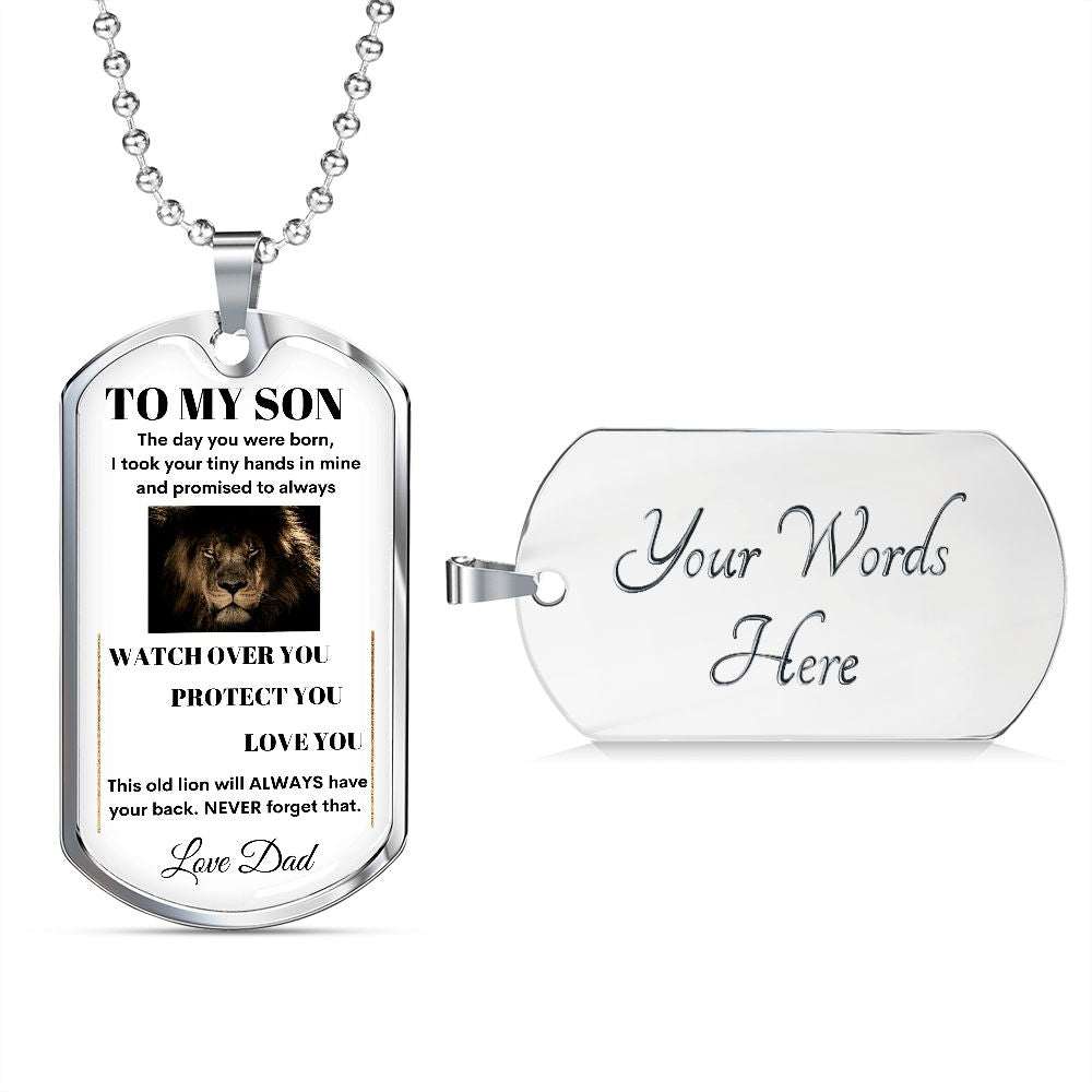 Dog Tag Necklace, GIFT TO SON from Dad - Lion White