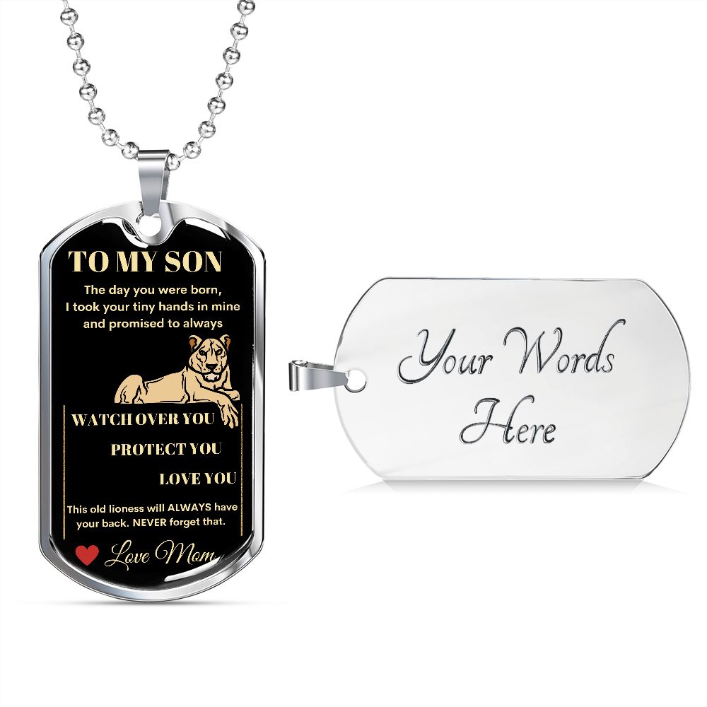 Dog Tag Necklace, GIFT TO SON from Mom - Lioness Black
