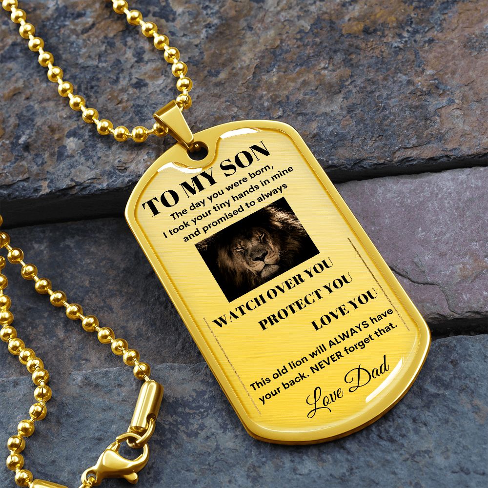 Dog Tag Necklace, GIFT TO SON from Dad - Lion Silver or Gold