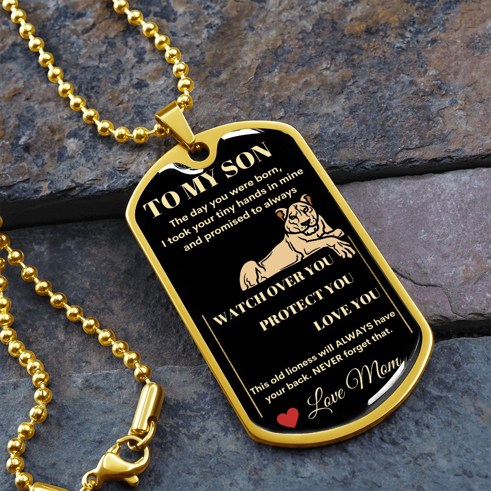 Dog Tag Necklace, GIFT TO SON from Mom - Lioness Black