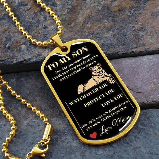 Dog Tag Necklace, GIFT TO SON from Mom - Lioness Black