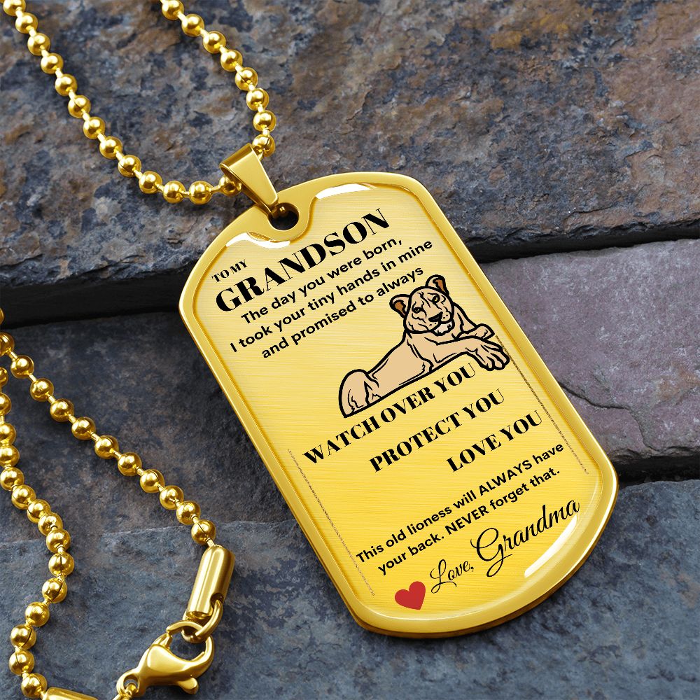 Dog Tag Necklace, GIFT TO GRANDSON from Grandma - Lioness Silver or Gold