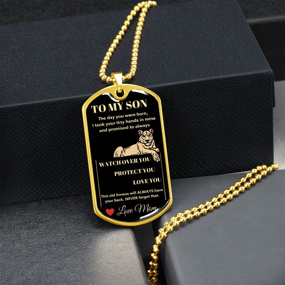 Dog Tag Necklace, GIFT TO SON from Mom - Lioness Black