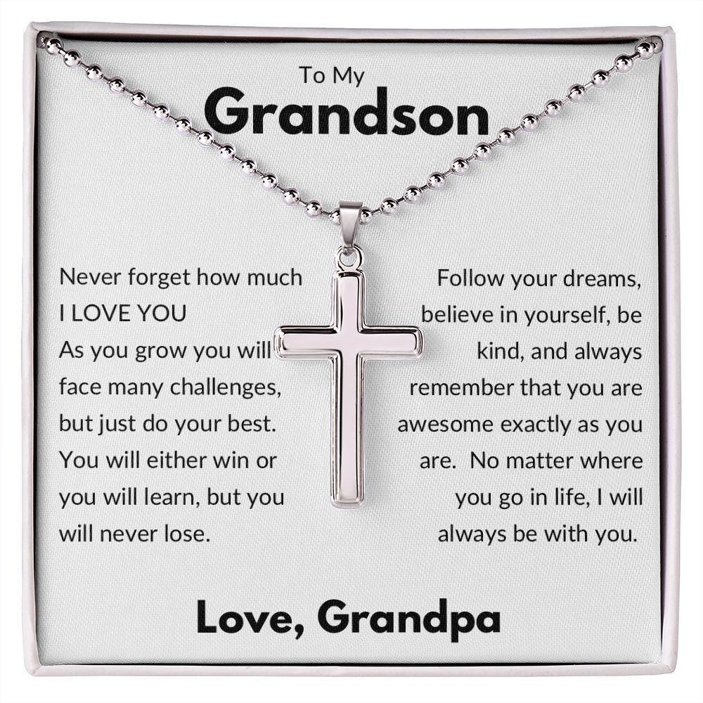 Stainless Cross Necklace/Ball and Chain, Gift to Grandson from Grandpa
