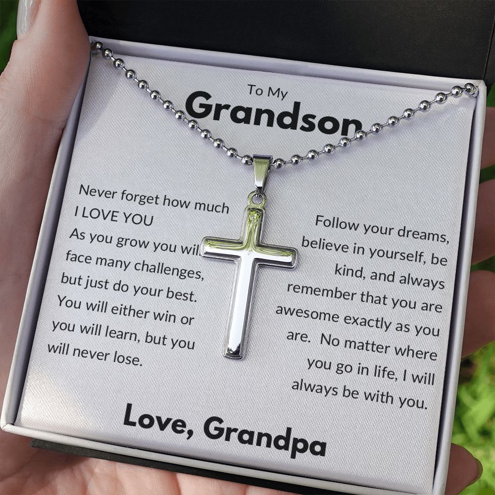 Stainless Cross Necklace/Ball and Chain, Gift to Grandson from Grandpa