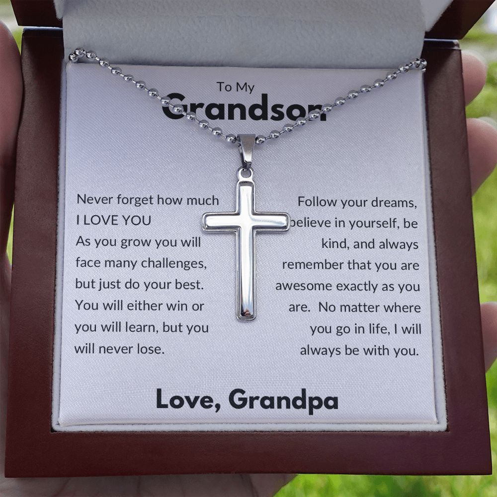 Stainless Cross Necklace/Ball and Chain, Gift to Grandson from Grandpa