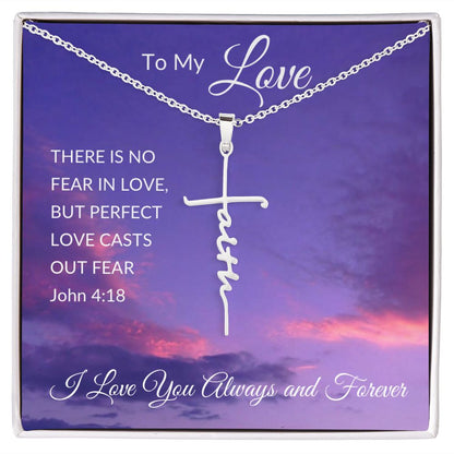 Faith Cross Necklace, Purple Sky - John 4:18