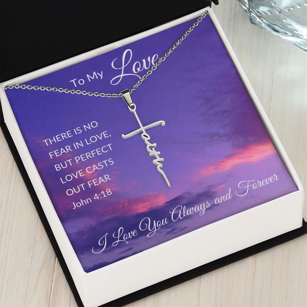 Faith Cross Necklace, Purple Sky - John 4:18