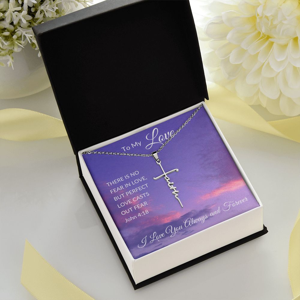 Faith Cross Necklace, Purple Sky - John 4:18