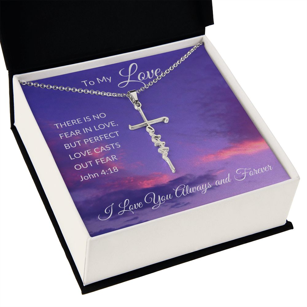 Faith Cross Necklace, Purple Sky - John 4:18