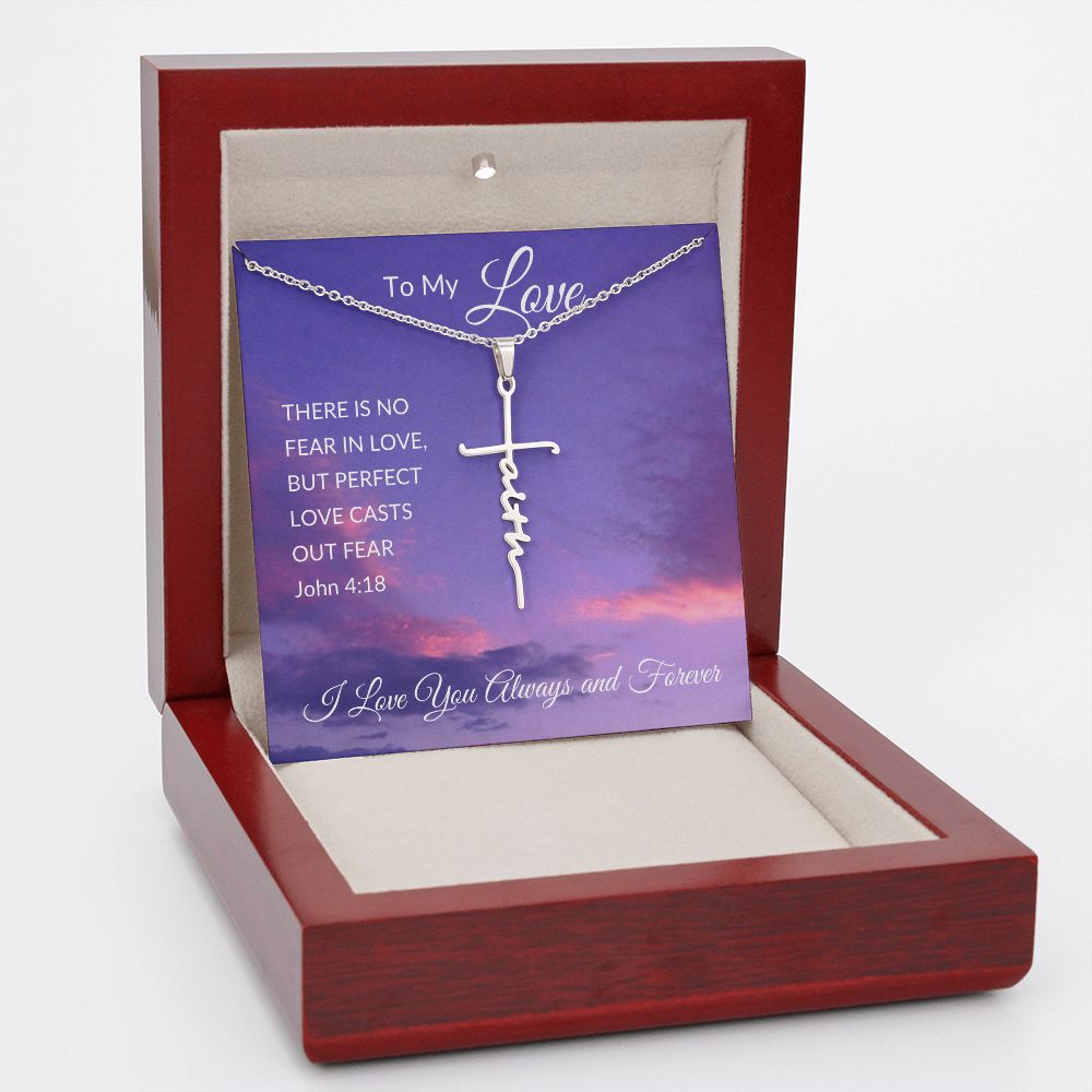 Faith Cross Necklace, Purple Sky - John 4:18