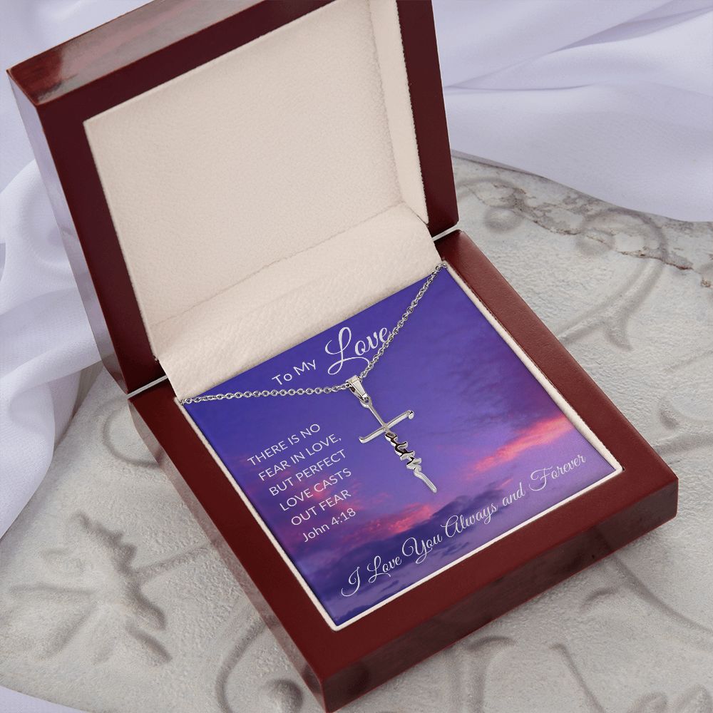 Faith Cross Necklace, Purple Sky - John 4:18