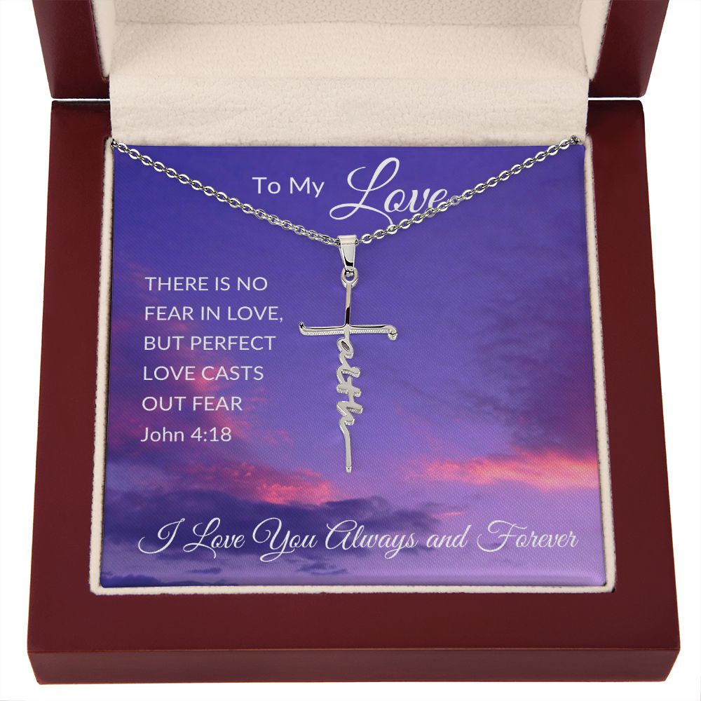 Faith Cross Necklace, Purple Sky - John 4:18