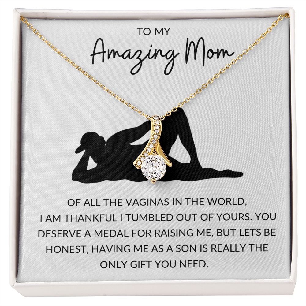 Alluring Beauty Necklace, Funny Gift to Amazing Mom from Son - White | Mothers Day, Birthday, Gag Gift