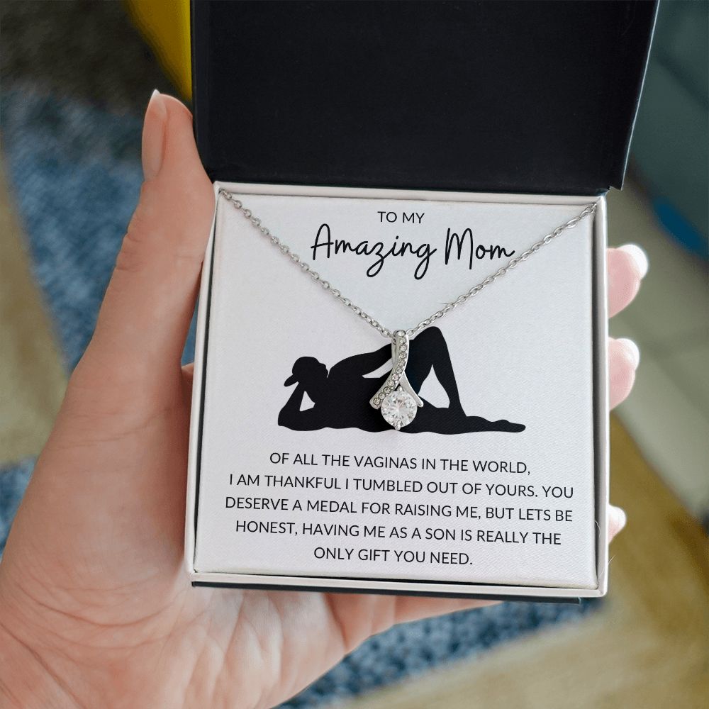Alluring Beauty Necklace, Funny Gift to Amazing Mom from Son - White | Mothers Day, Birthday, Gag Gift