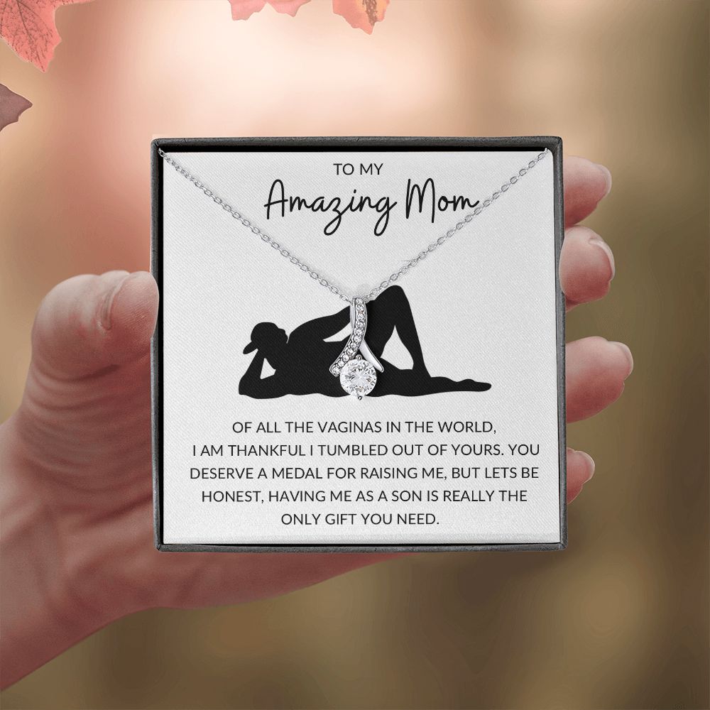 Alluring Beauty Necklace, Funny Gift to Amazing Mom from Son - White | Mothers Day, Birthday, Gag Gift