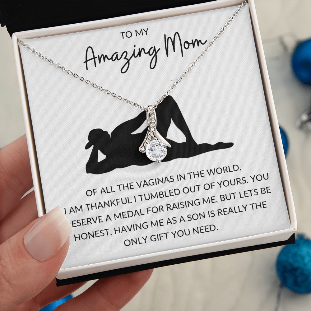 Alluring Beauty Necklace, Funny Gift to Amazing Mom from Son - White | Mothers Day, Birthday, Gag Gift