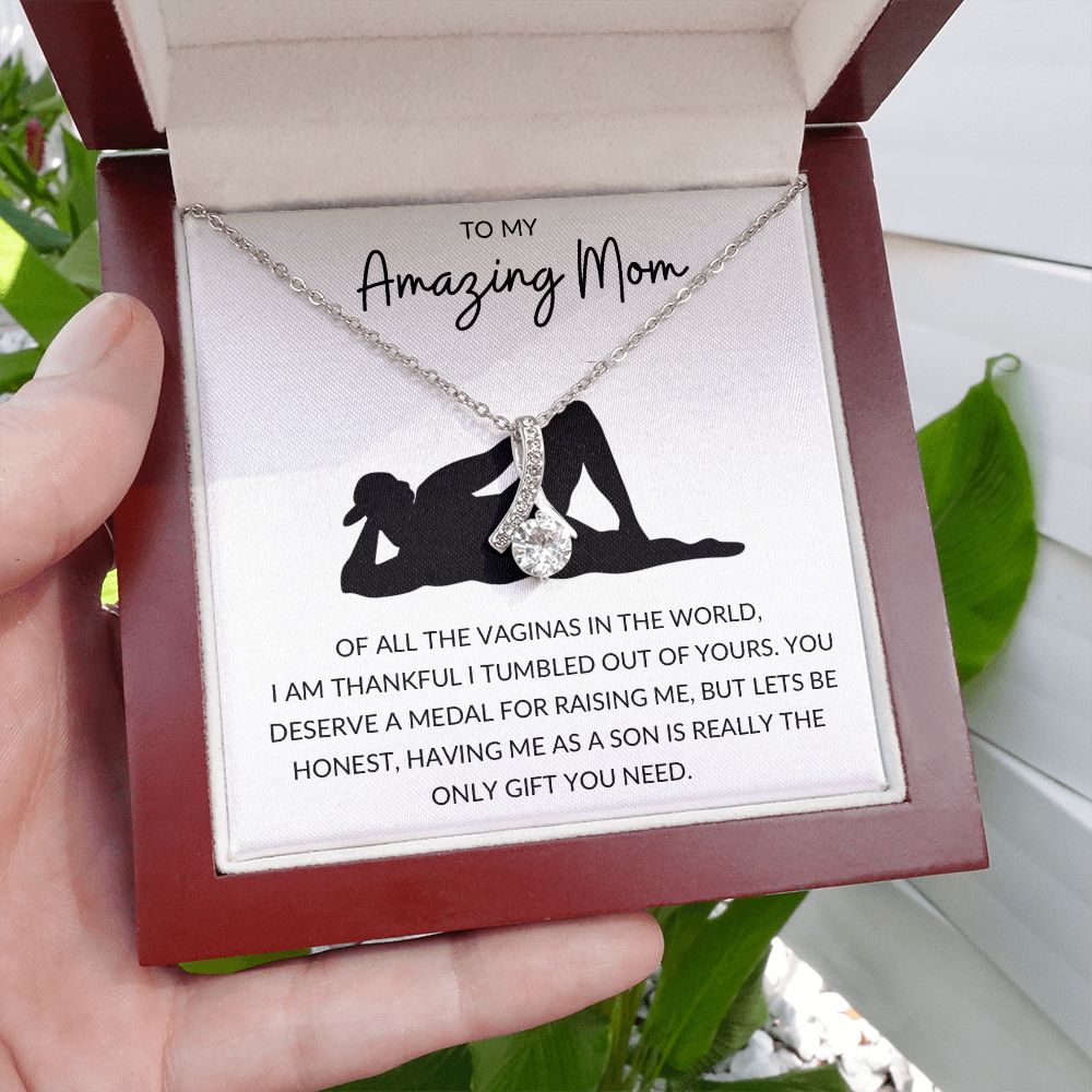 Alluring Beauty Necklace, Funny Gift to Amazing Mom from Son - White | Mothers Day, Birthday, Gag Gift
