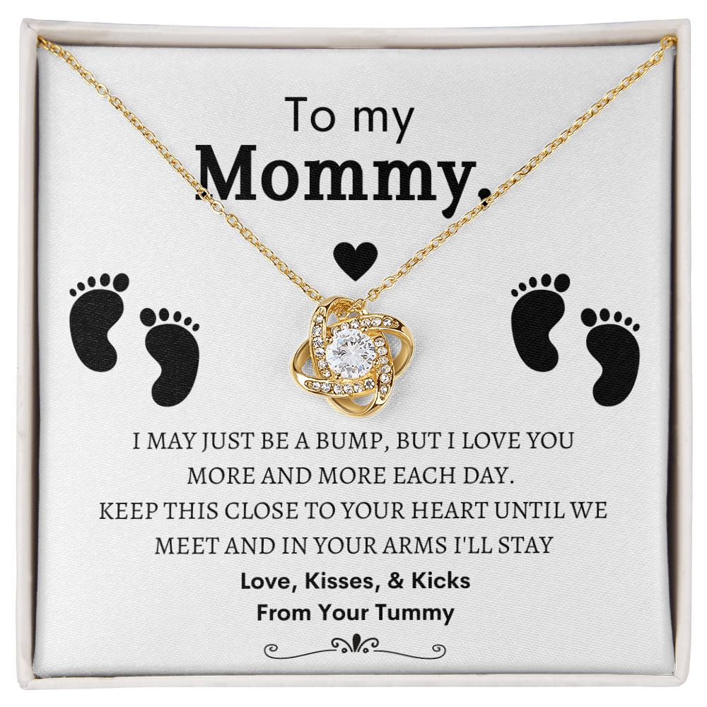 To My Mommy, Mom to Be, Pregnancy Baby Shower Gift, Mothers Day, Baby Feet - Love Knot Necklace - 14k and 18K over stainless less pendant