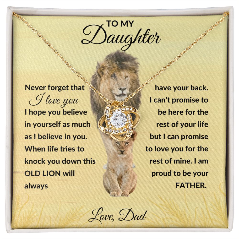 Love Knot Necklace, Gift to Daughter from Dad - Lion Good Vibes - Birthday, Graduation, Valentines, Christmas, Easter