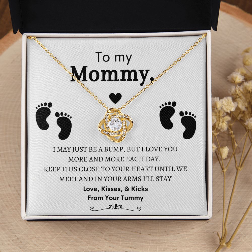 To My Mommy, Mom to Be, Pregnancy Baby Shower Gift, Mothers Day, Baby Feet - Love Knot Necklace - 14k and 18K over stainless less pendant