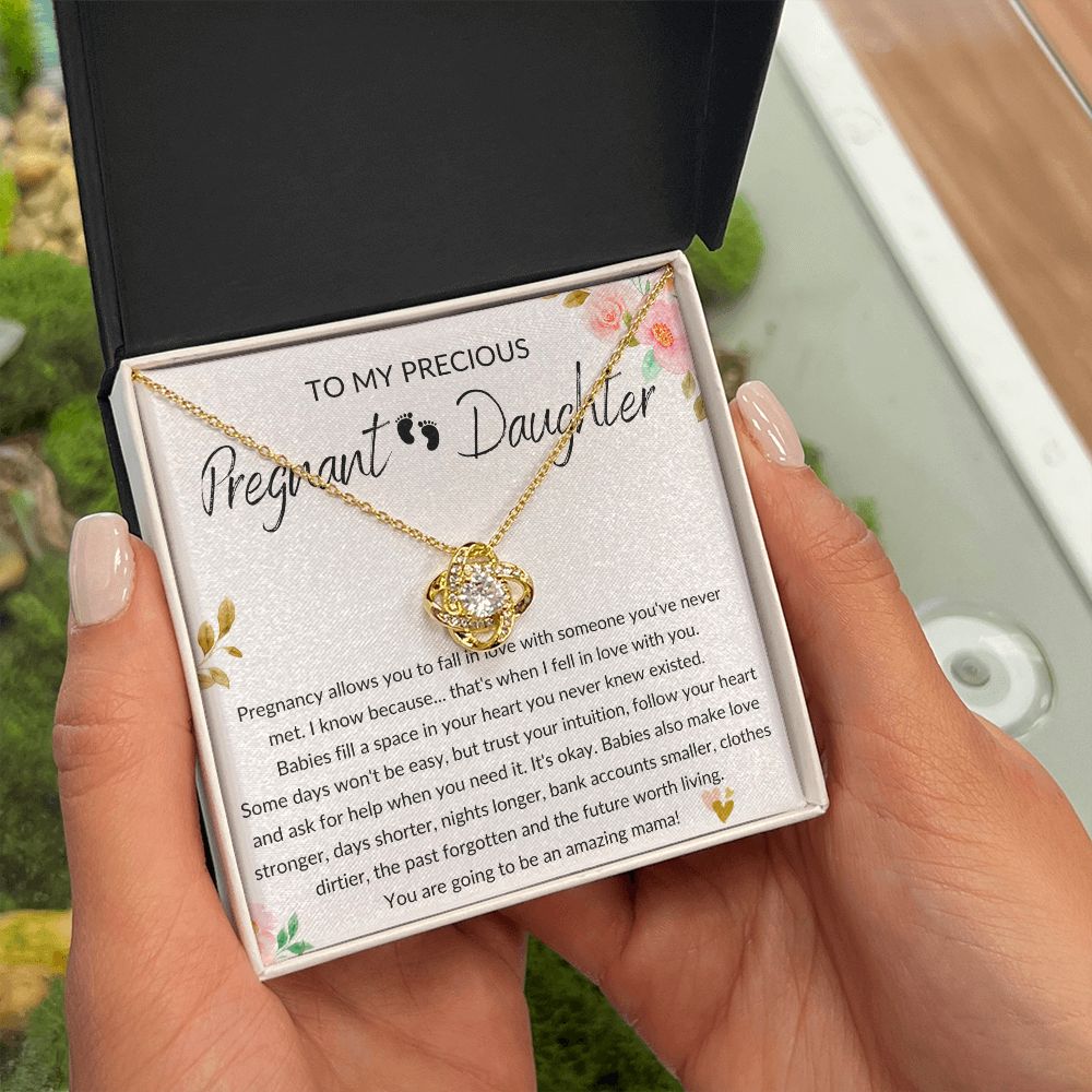 Pregnant Daughter Gift - Pregnancy, Mother to Be, Pregnant Mom Gift, Daughter Expecting, Baby Shower - 14 karat and 18 karat gold over stainless steel - Love Knot Necklace