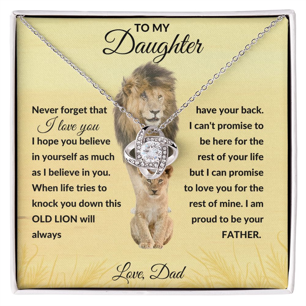 Love Knot Necklace, Gift to Daughter from Dad - Lion Good Vibes - Birthday, Graduation, Valentines, Christmas, Easter