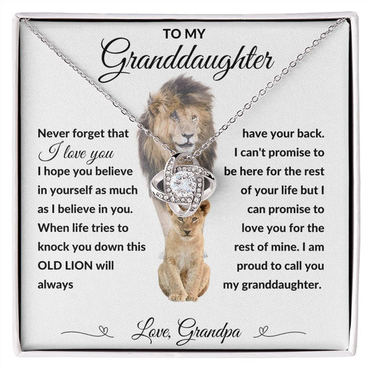 Love Knot Necklace, Gift to Granddaughter from Grandpa - lion white heart line - Birthday, Graduation, Christmas, Easter,