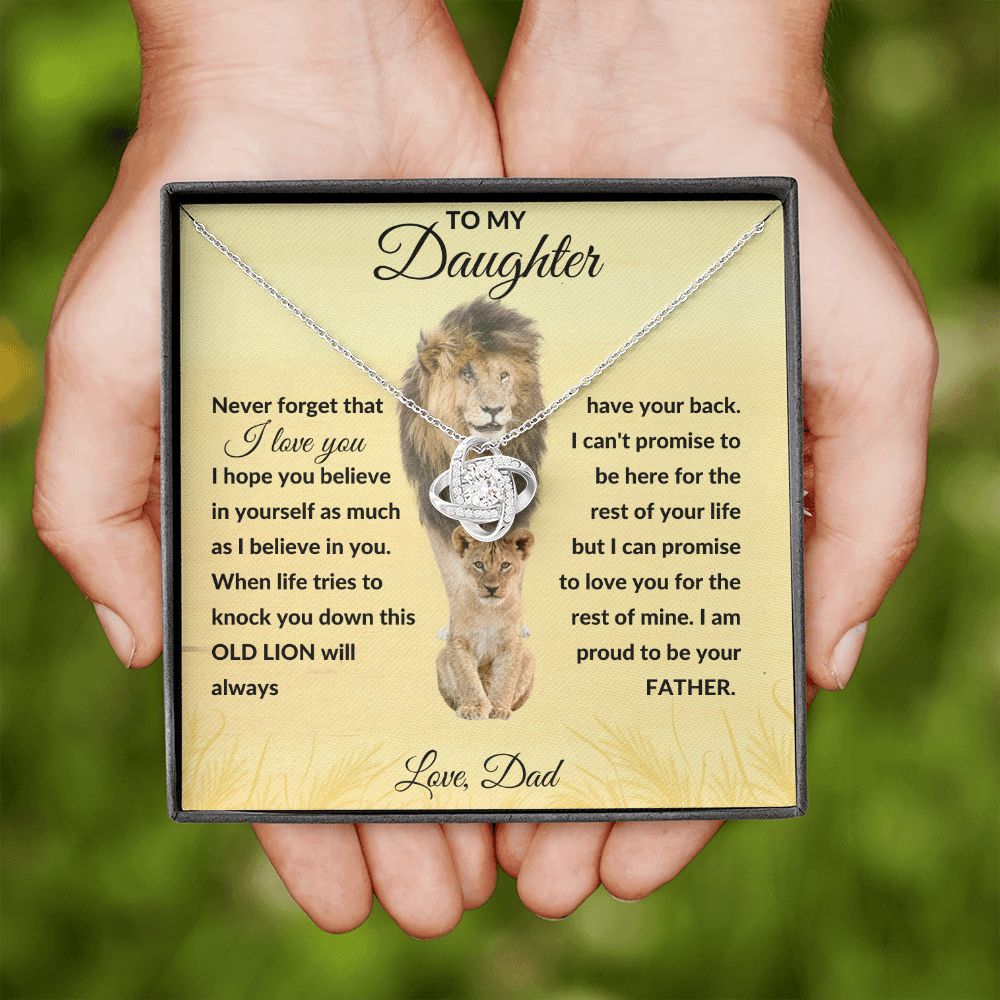 Love Knot Necklace, Gift to Daughter from Dad - Lion Good Vibes - Birthday, Graduation, Valentines, Christmas, Easter