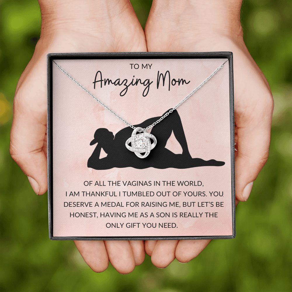 Love Knot Necklace, Funny Gift to Amazing Mom from Son - Pink | Mothers Day, Birthday, Christmas, Gag Gift