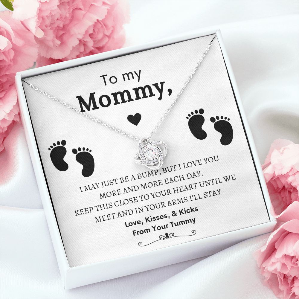 To My Mommy, Mom to Be, Pregnancy Baby Shower Gift, Mothers Day, Baby Feet - Love Knot Necklace - 14k and 18K over stainless less pendant