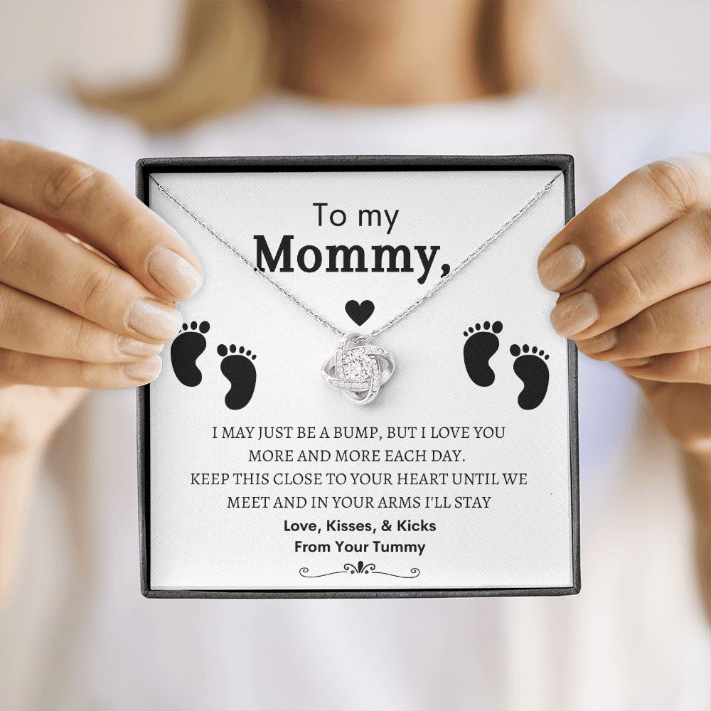 To My Mommy, Mom to Be, Pregnancy Baby Shower Gift, Mothers Day, Baby Feet - Love Knot Necklace - 14k and 18K over stainless less pendant
