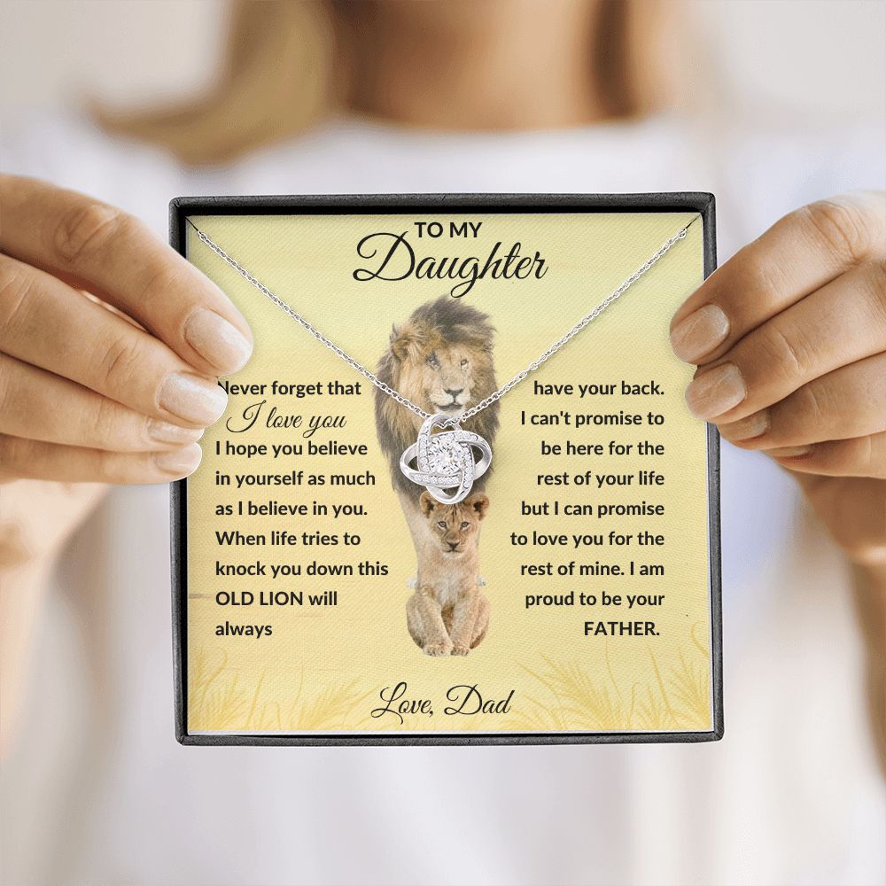 Love Knot Necklace, Gift to Daughter from Dad - Lion Good Vibes - Birthday, Graduation, Valentines, Christmas, Easter