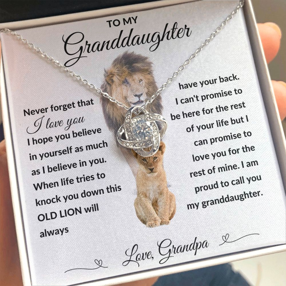 Love Knot Necklace, Gift to Granddaughter from Grandpa - lion white heart line - Birthday, Graduation, Christmas, Easter,