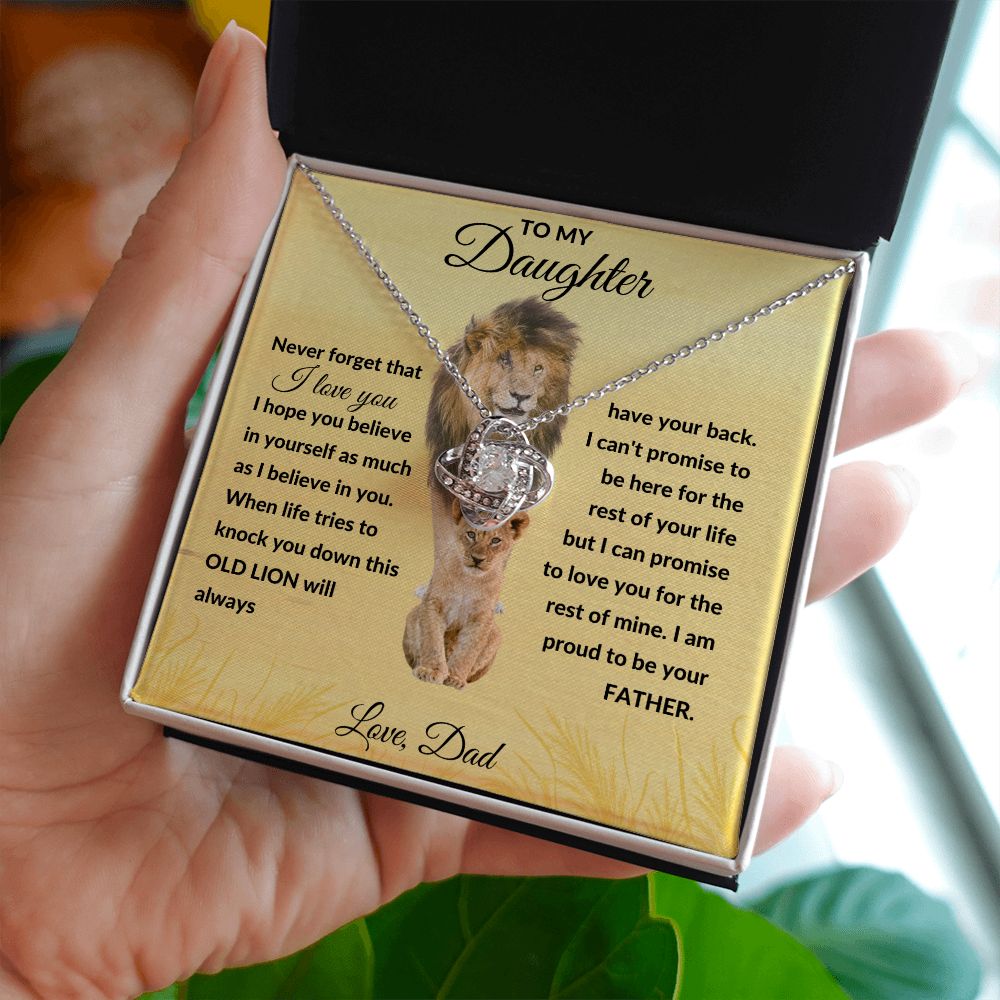 Love Knot Necklace, Gift to Daughter from Dad - Lion Good Vibes - Birthday, Graduation, Valentines, Christmas, Easter