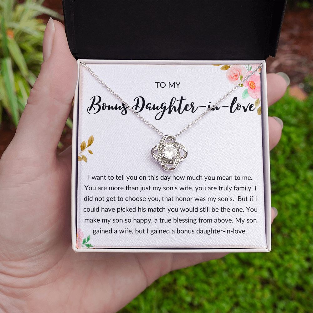 Bonus Daughter in Love Gift, Daughter in Law Necklace - Wedding, Engagement, Birthday, from Mother in Law or Father in Law - Love Knot Necklace
