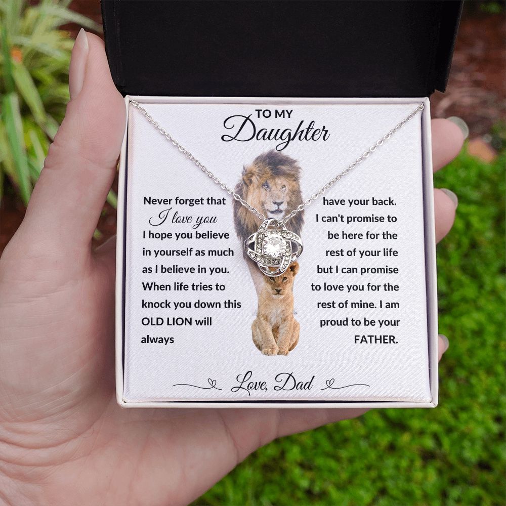 Love Knot Necklace, Gift to Daughter from Dad - lion white heart line - Birthday, Graduation, Christmas, Valentines,