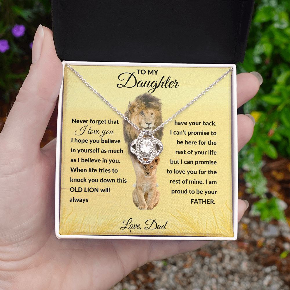 Love Knot Necklace, Gift to Daughter from Dad - Lion Good Vibes - Birthday, Graduation, Valentines, Christmas, Easter