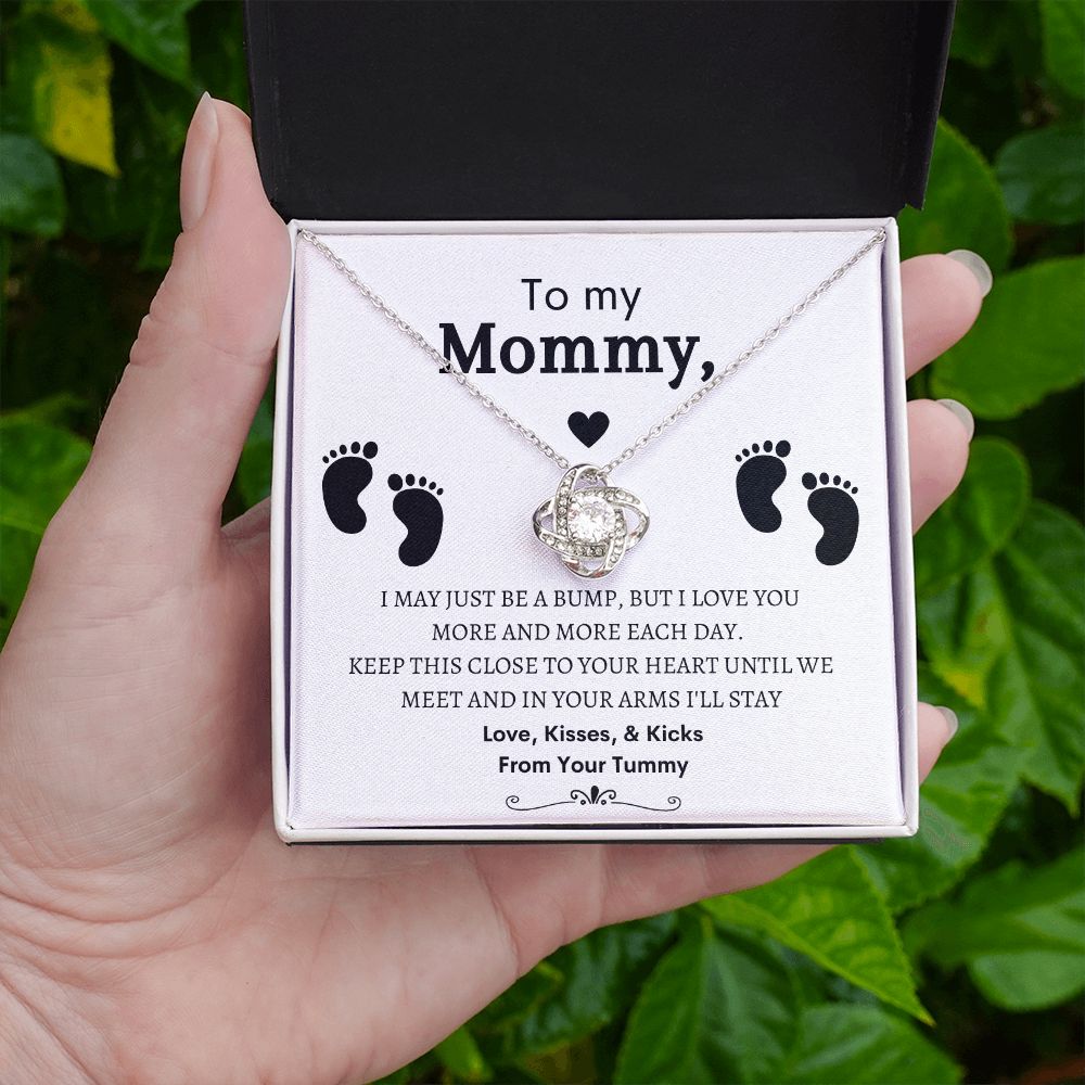 To My Mommy, Mom to Be, Pregnancy Baby Shower Gift, Mothers Day, Baby Feet - Love Knot Necklace - 14k and 18K over stainless less pendant