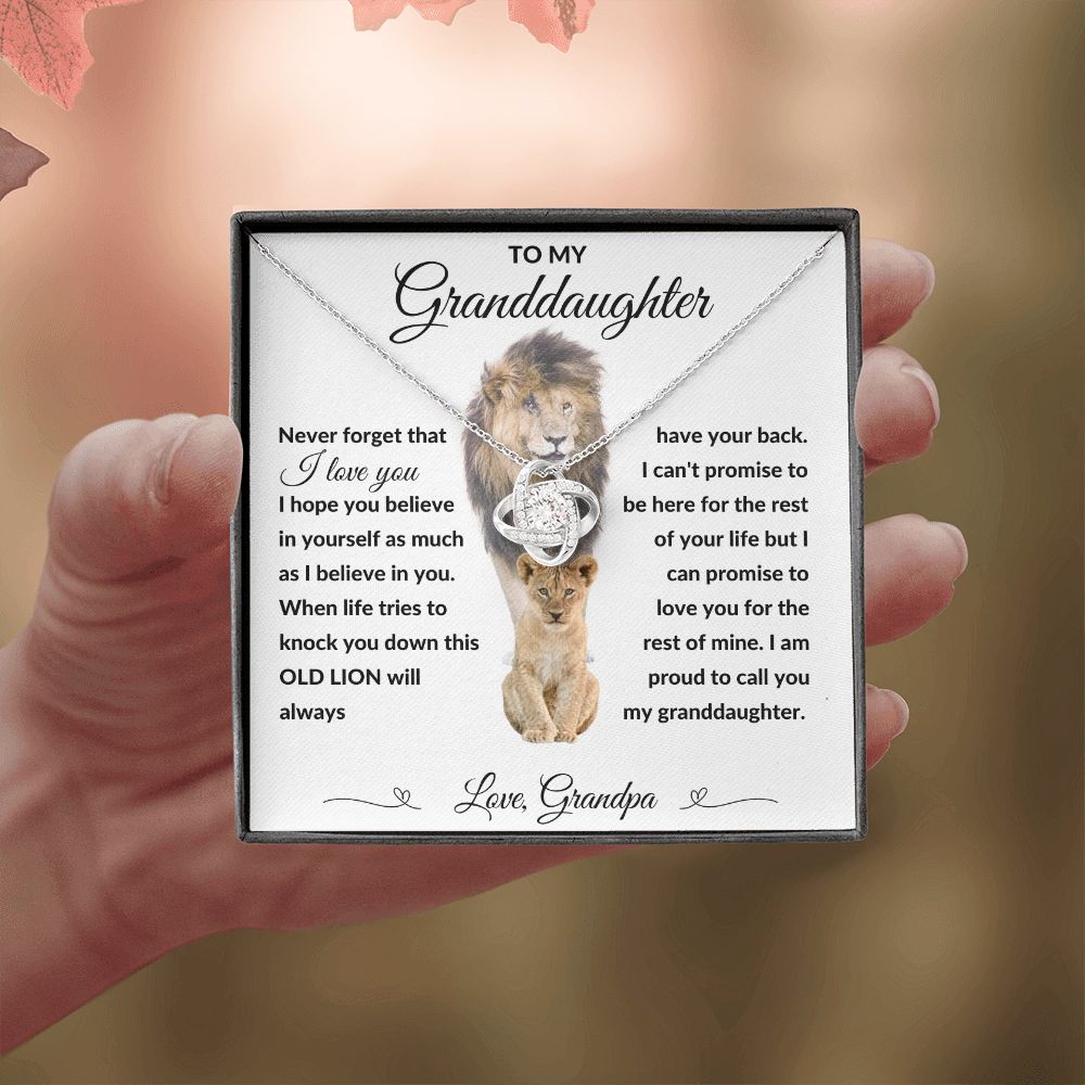 Love Knot Necklace, Gift to Granddaughter from Grandpa - lion white heart line - Birthday, Graduation, Christmas, Easter,