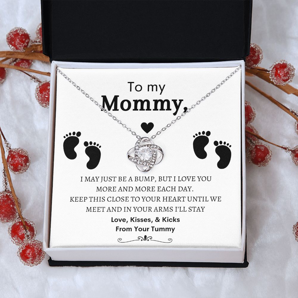 To My Mommy, Mom to Be, Pregnancy Baby Shower Gift, Mothers Day, Baby Feet - Love Knot Necklace - 14k and 18K over stainless less pendant