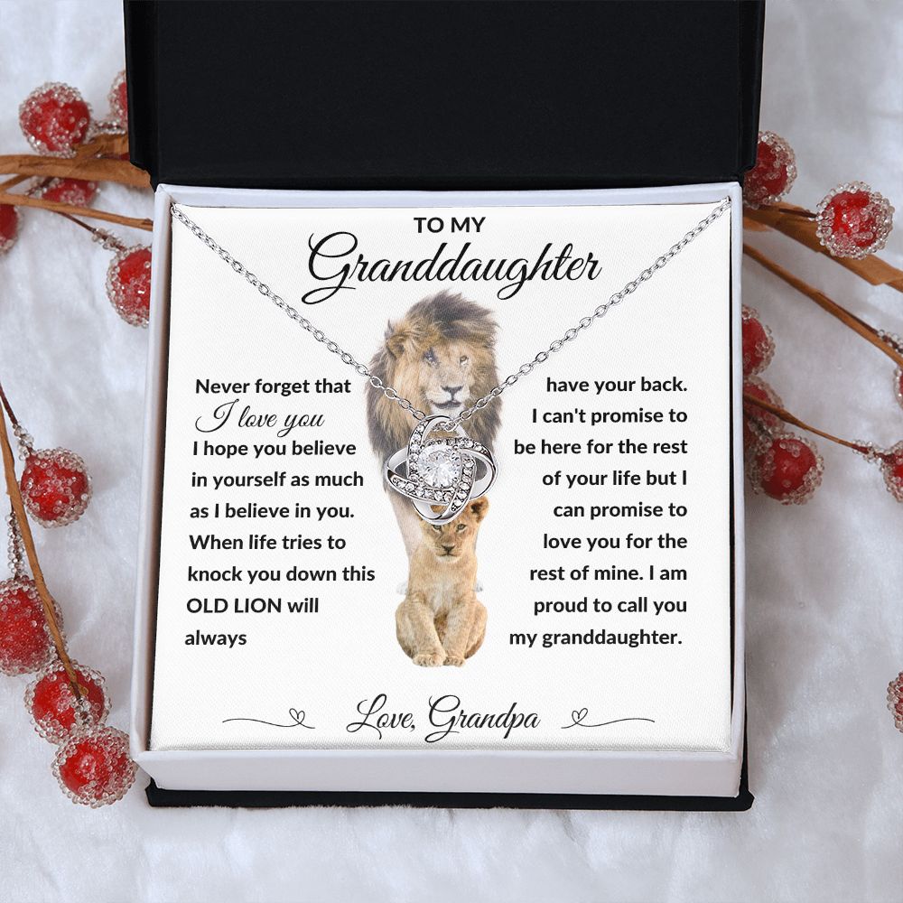 Love Knot Necklace, Gift to Granddaughter from Grandpa - lion white heart line - Birthday, Graduation, Christmas, Easter,