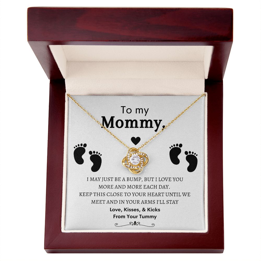 To My Mommy, Mom to Be, Pregnancy Baby Shower Gift, Mothers Day, Baby Feet - Love Knot Necklace - 14k and 18K over stainless less pendant