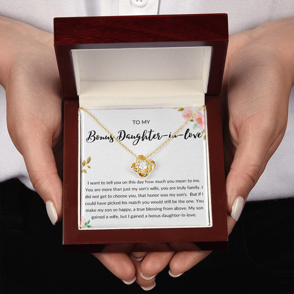 Bonus Daughter in Love Gift, Daughter in Law Necklace - Wedding, Engagement, Birthday, from Mother in Law or Father in Law - Love Knot Necklace
