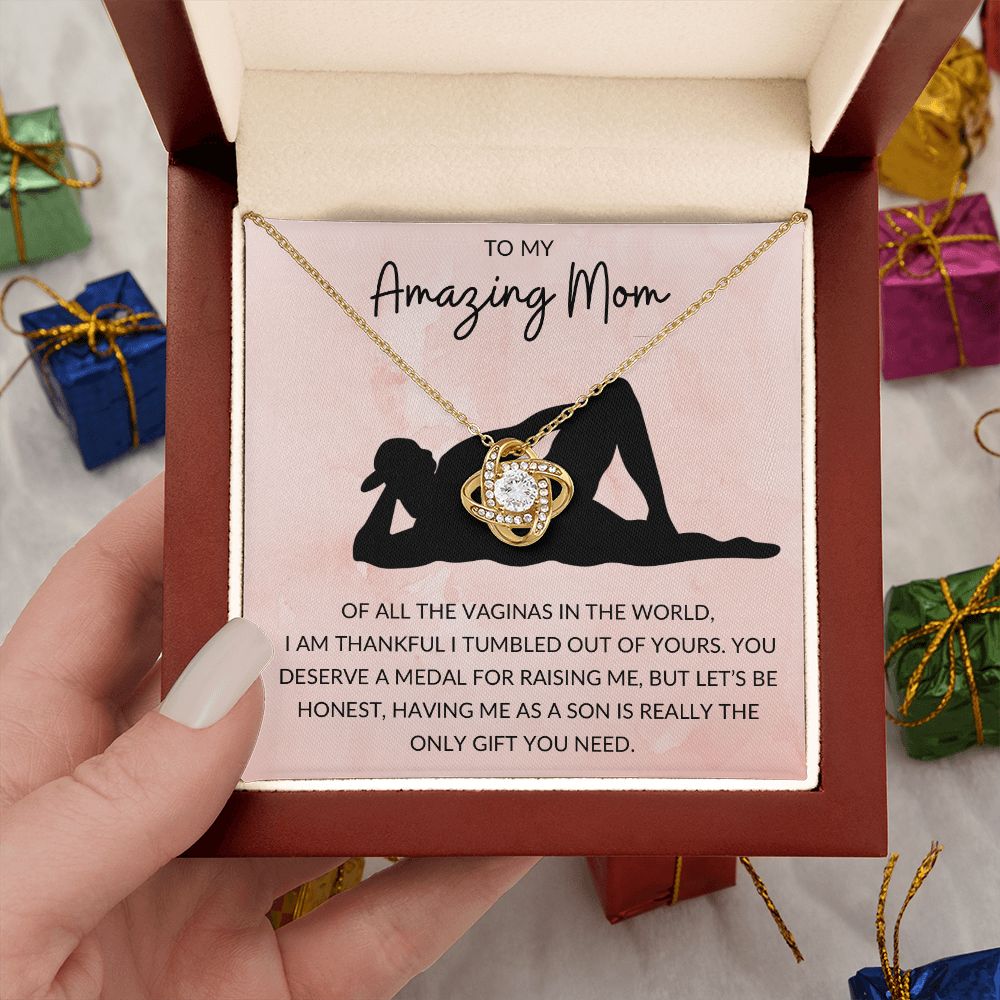 Love Knot Necklace, Funny Gift to Amazing Mom from Son - Pink | Mothers Day, Birthday, Christmas, Gag Gift