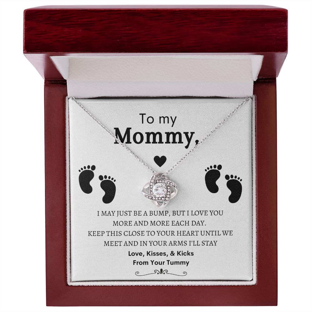To My Mommy, Mom to Be, Pregnancy Baby Shower Gift, Mothers Day, Baby Feet - Love Knot Necklace - 14k and 18K over stainless less pendant